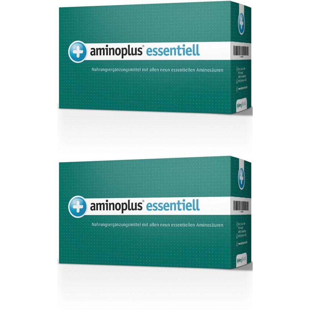 Deux boîtes vertes avec le nom du produit aminoplus® essentiell. Inscription : Complément alimentaire avec tous les acides aminés essentiels.