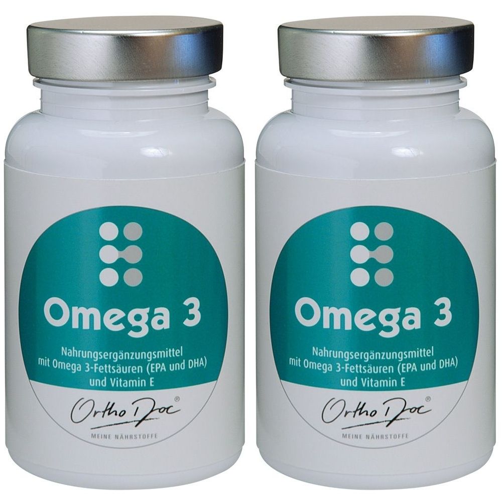 Zwei weiße Flaschen mit silbernen Deckeln. Aufschrift "Omega 3" und "Ortho Doc". Enthält Nahrungsergänzungsmittel mit Omega 3-Fettsäuren.