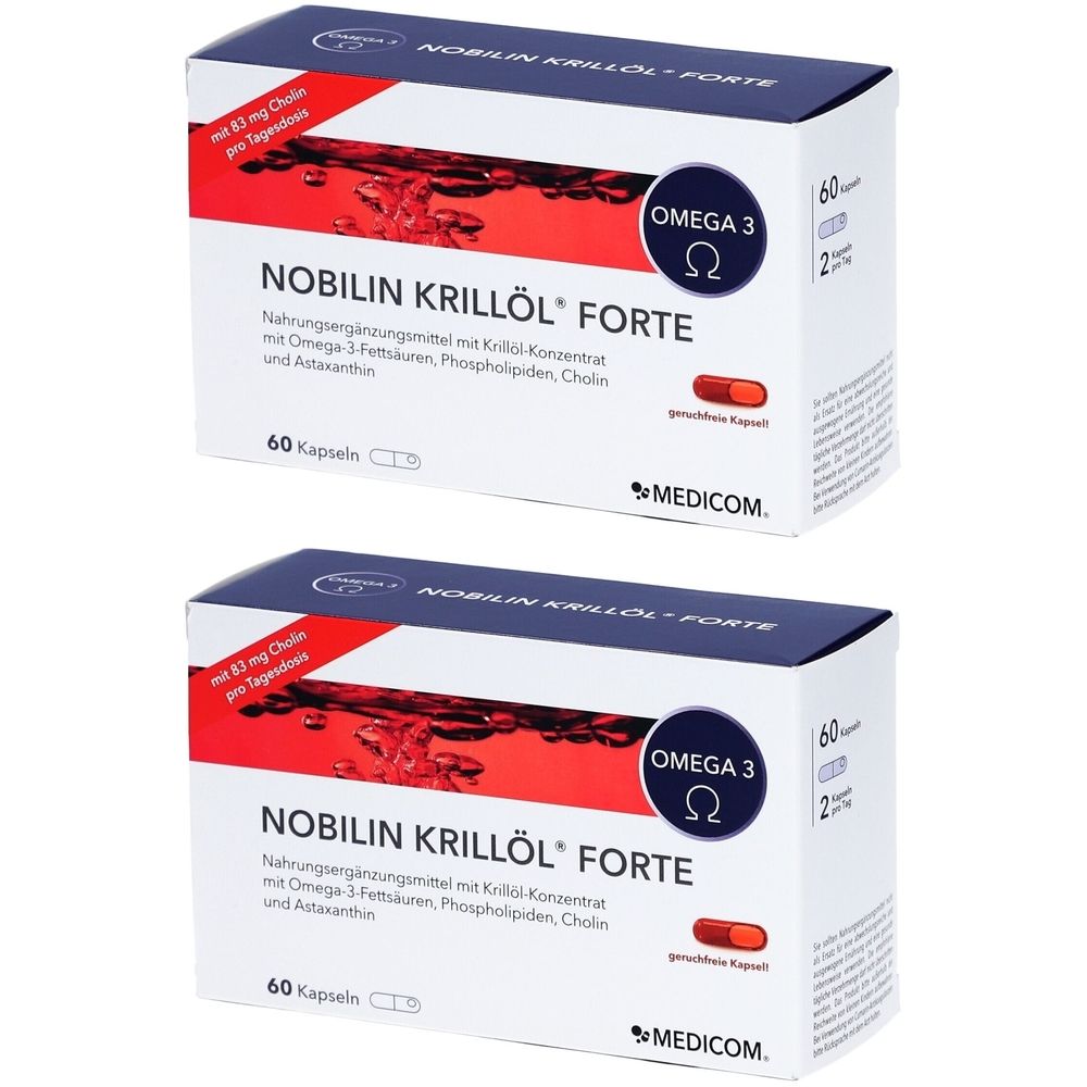 Zwei Schachteln Nobilin Krillöl Forte Kapseln. Blaue und weiße Verpackung mit roter Schrift. Enthält 60 Kapseln. Omega 3.