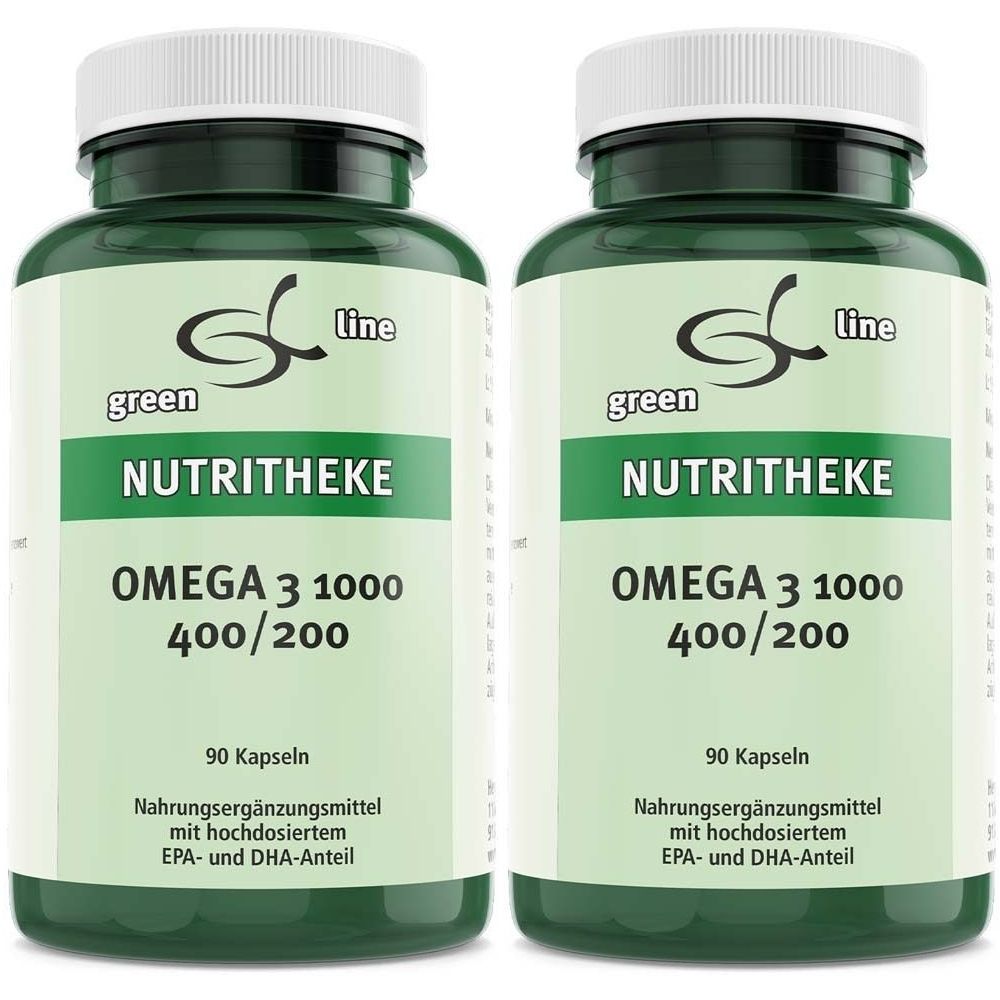 Deux flacons verts avec bouchons blancs. Inscription : green, NUTRITHEKE, OMEGA 3 1000 400/200, 90 gélules. Complément alimentaire avec EPA et DHA.