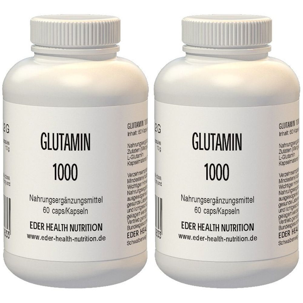 Deux flacons blancs avec l'inscription GLUTAMIN 1000. Inscription: Complément alimentaire, 60 gélules. Marque: EDER HEALTH NUTRITION.