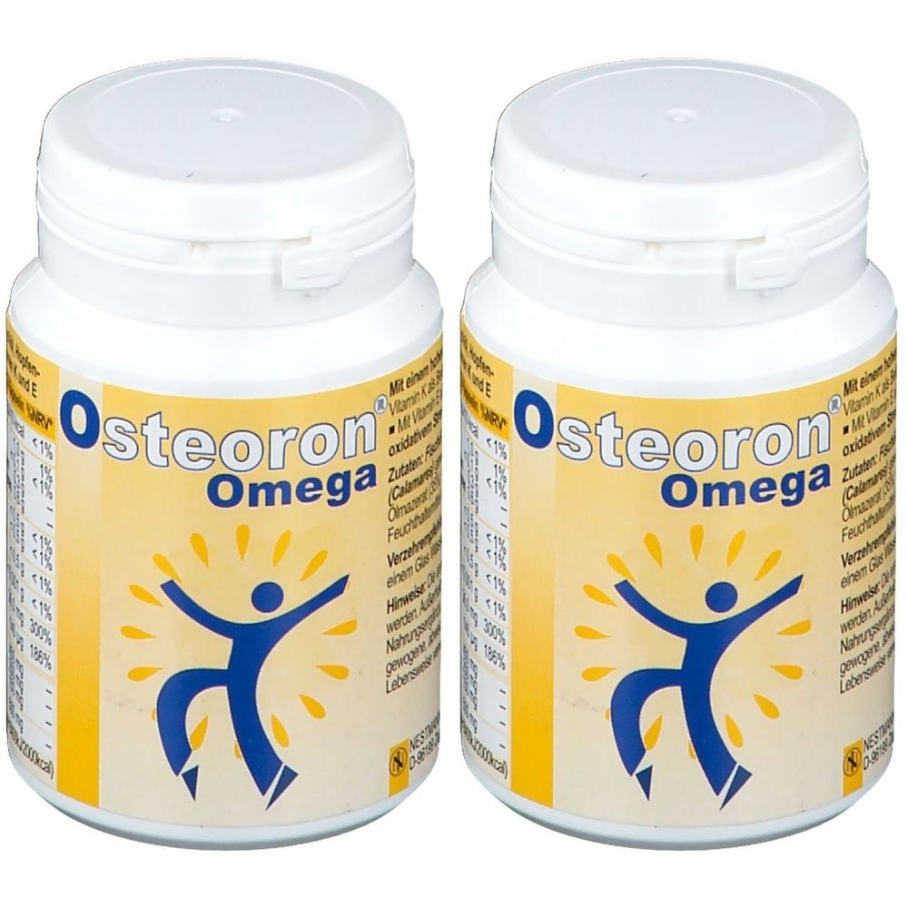 Zwei weiße Flaschen mit dem Aufdruck Osteoron Omega. Gelbes Etikett mit blauer Figur und Text.