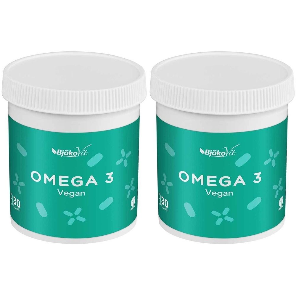 Deux pots blancs avec couvercles. L'étiquette verte indique "OMEGA 3 Vegan" et le nom de la marque BjökoVit.
