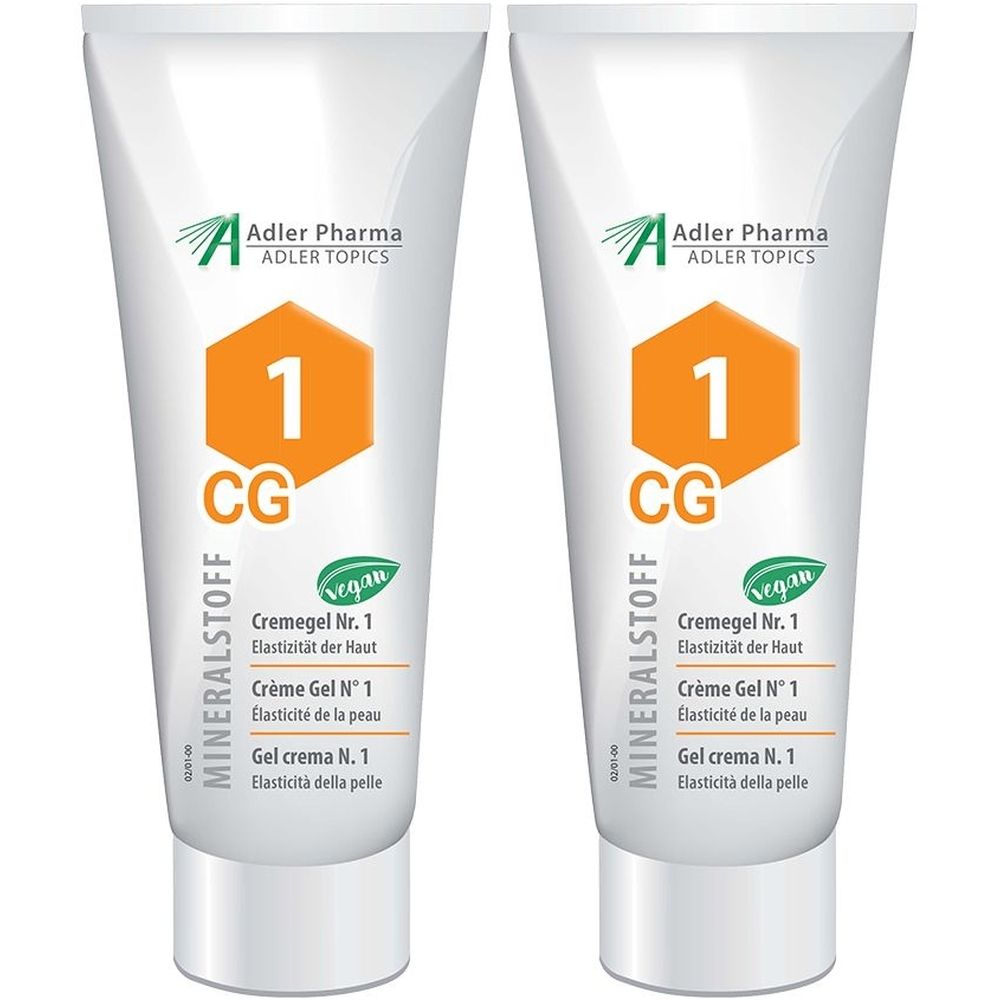 Deux tubes de Crème Gel N° 1. Blancs, avec hexagone orange et texte. Marque : Adler Pharma.