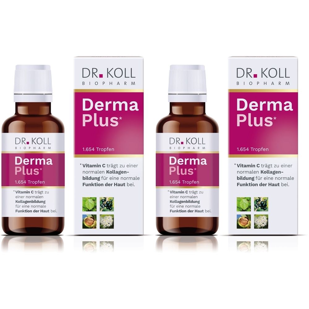 Vier Flaschen und Verpackungen von DR. KOLL Derma Plus®. Braune Flaschen mit weißem Verschluss. Weiße Verpackungen mit Produktnamen und Text.