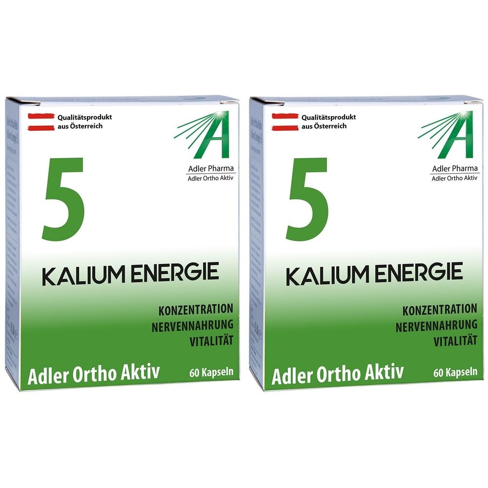 Deux boîtes de Adler Pharma Ortho Aktiv Nr. 5. Inscription : Kalium Energie, 60 gélules. Design vert et blanc.