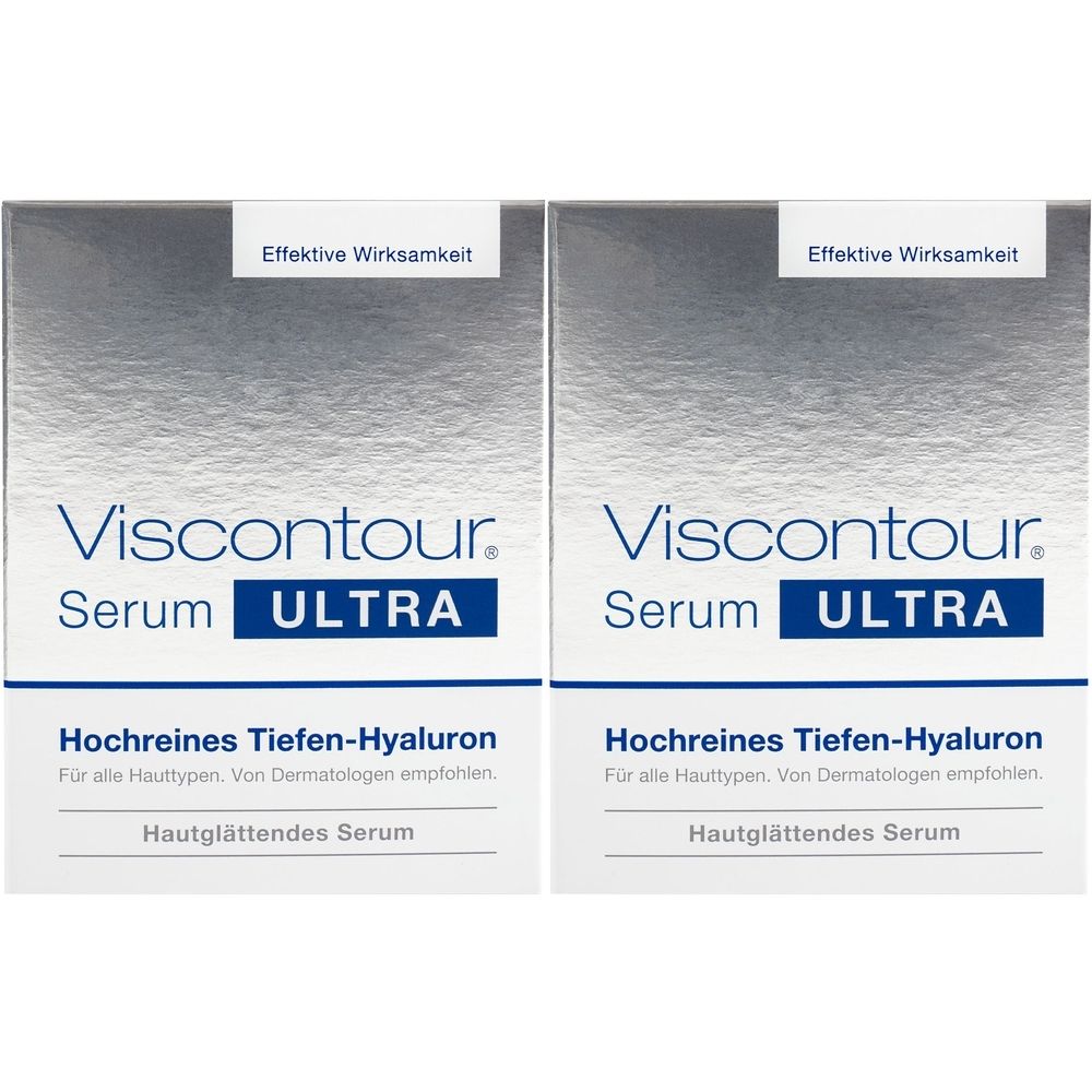 Deux boîtes de Viscontour Serum Ultra. Inscription: Acide hyaluronique profond pur, sérum lissant. Efficacité.