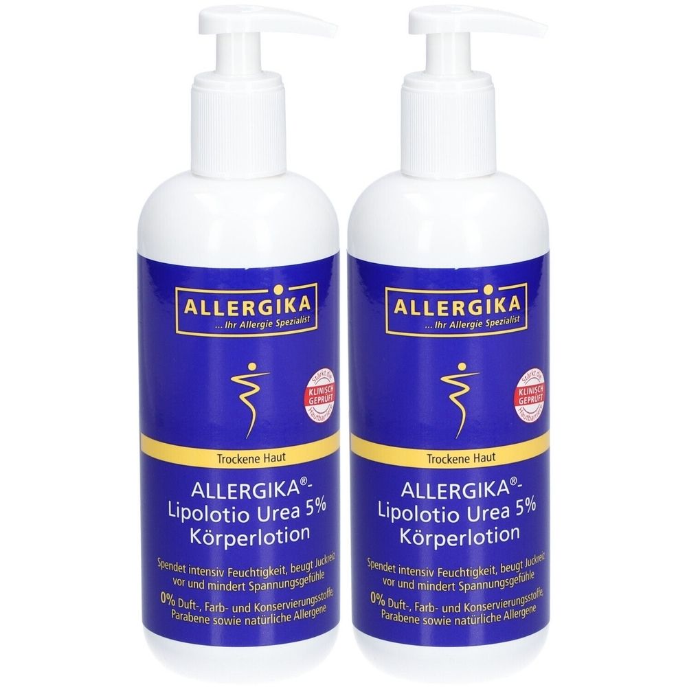 Deux flacons blancs avec étiquettes bleues. Inscription: ALLERGIKA Lipolotio Urea 5% Körperlotion. Avec distributeur.