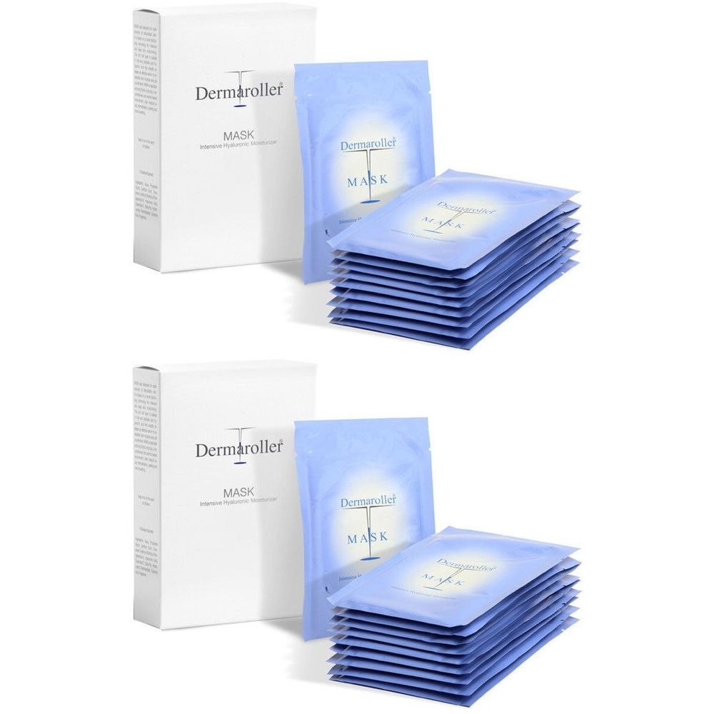 Deux boîtes blanches et des sachets de masques bleus. Les boîtes portent les mentions "Dermaroller" et "MASK". Les masques sont empilés.