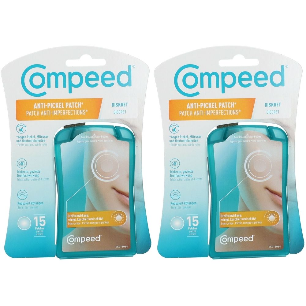 Zwei Packungen Compeed Anti-Pickel Patches. Jede Packung enthält 15 Patches. Aufdruck: Anti-Pickel Patch, diskret.