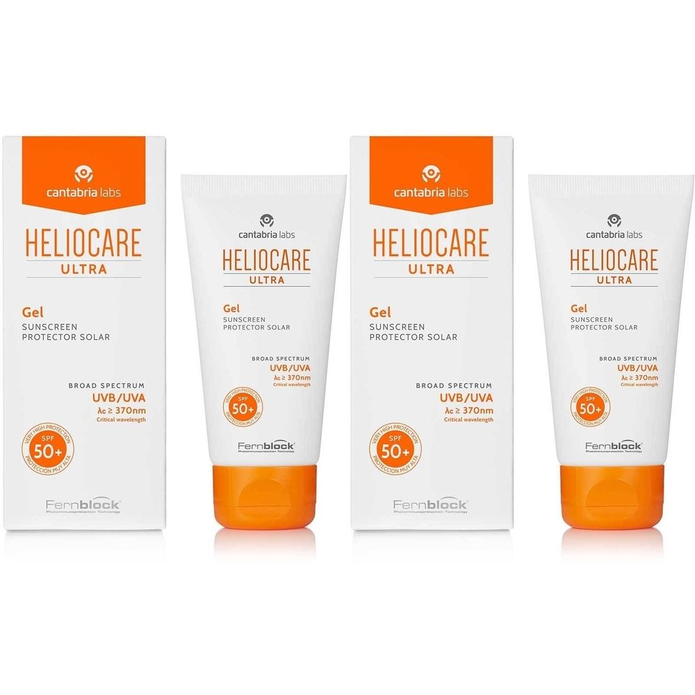 Quatre tubes et emballages de HELIOCARE Ultra Gel SPF 50+. Tubes blancs avec bouchons orange et emballages avec accents orange.