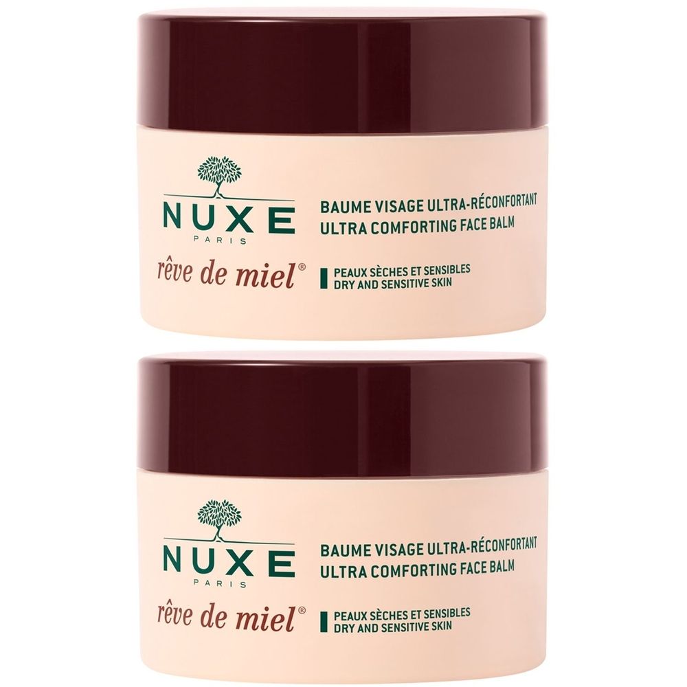 Deux pots crème avec couvercles marron. Inscription: NUXE, Rêve de Miel, Baume Visage Ultra-Réconfortant, Ultra Comforting Face Balm.