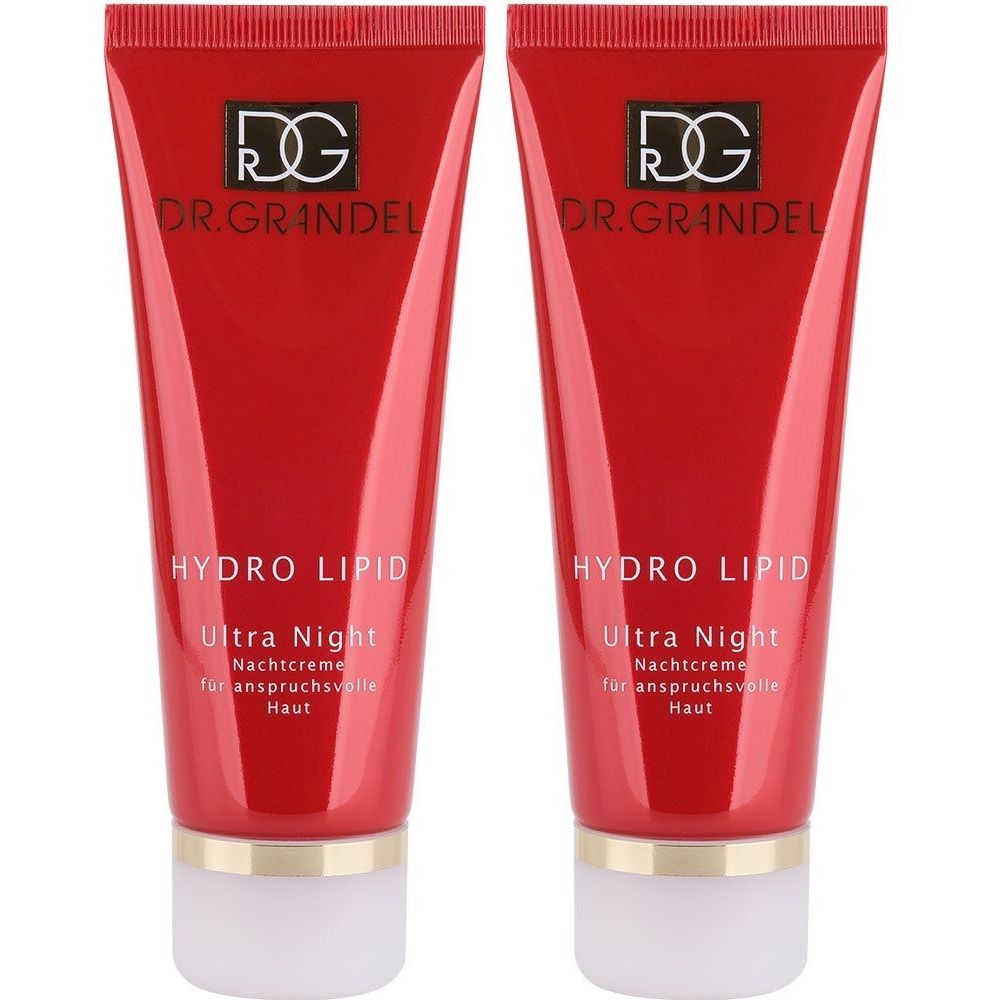 Deux tubes de crème de nuit Dr. Grandel Hydro Lipid Ultra. Tubes rouges avec bouchon blanc et anneau doré. Texte visible.