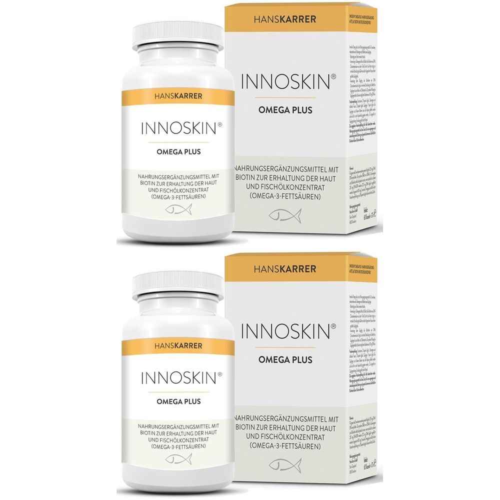 Deux flacons et deux boîtes INNOSKIN® Omega Plus. Inscription : Complément alimentaire avec biotine et concentré d'huile de poisson.