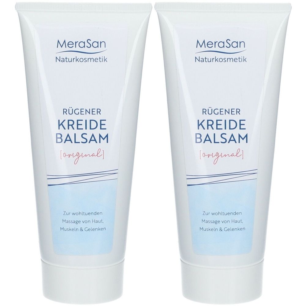Deux tubes blancs avec texte. Inscription: Rügener Kreide Balsam. Marque: MeraSan Naturkosmetik. Texte en allemand.