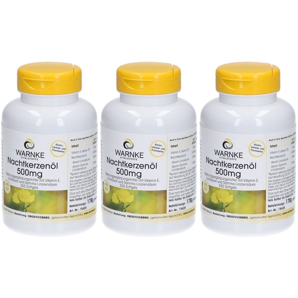 Trois flacons blancs à bouchons jaunes. Inscription : Nachtkerzenöl 500mg. Marque : WARNKE Vitalstoffe. Étiquette avec informations produit.