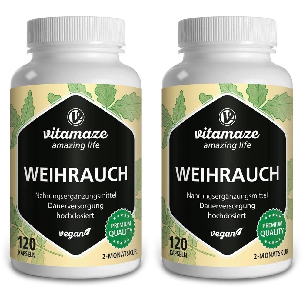 Deux flacons de Vitamaze Weihrauch hochdosiert. Étiquette noire avec texte blanc. 120 gélules, vegan, Premium Quality.