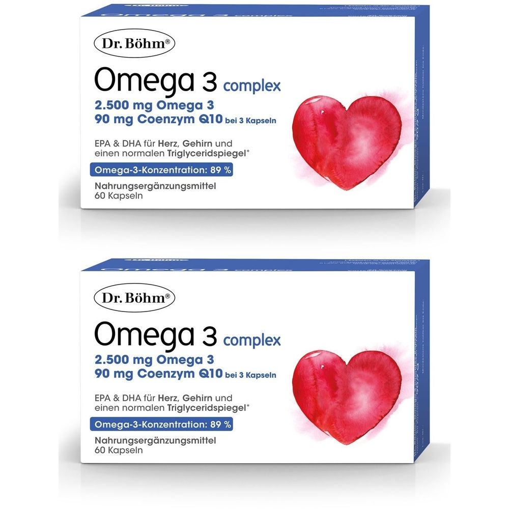Deux boîtes de Dr. Böhm Omega 3 complex. Inscription : 2 500 mg Omega 3, 90 mg Coenzyme Q10. Illustration d'un cœur rouge. Complément alimentaire.