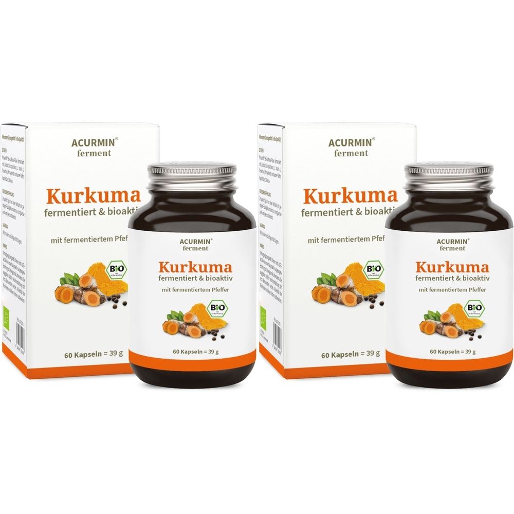 Deux flacons et deux boîtes avec impression du produit. Inscription : Curcuma fermenté & bioactif. Label bio.