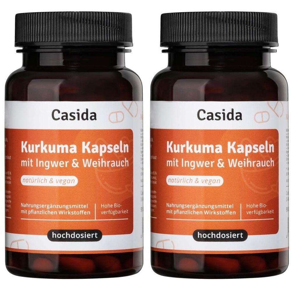Deux flacons de gélules de curcuma Casida. Inscription : Gélules de curcuma avec gingembre et encens, naturel et végétalien, fortement dosé. Flacons bruns, bouchons noirs.