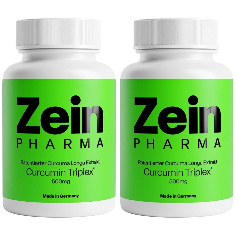Deux flacons blancs avec étiquettes vertes. Inscription: Zein Pharma, Curcumin Triplex, 500mg. Fabriqué en Allemagne.