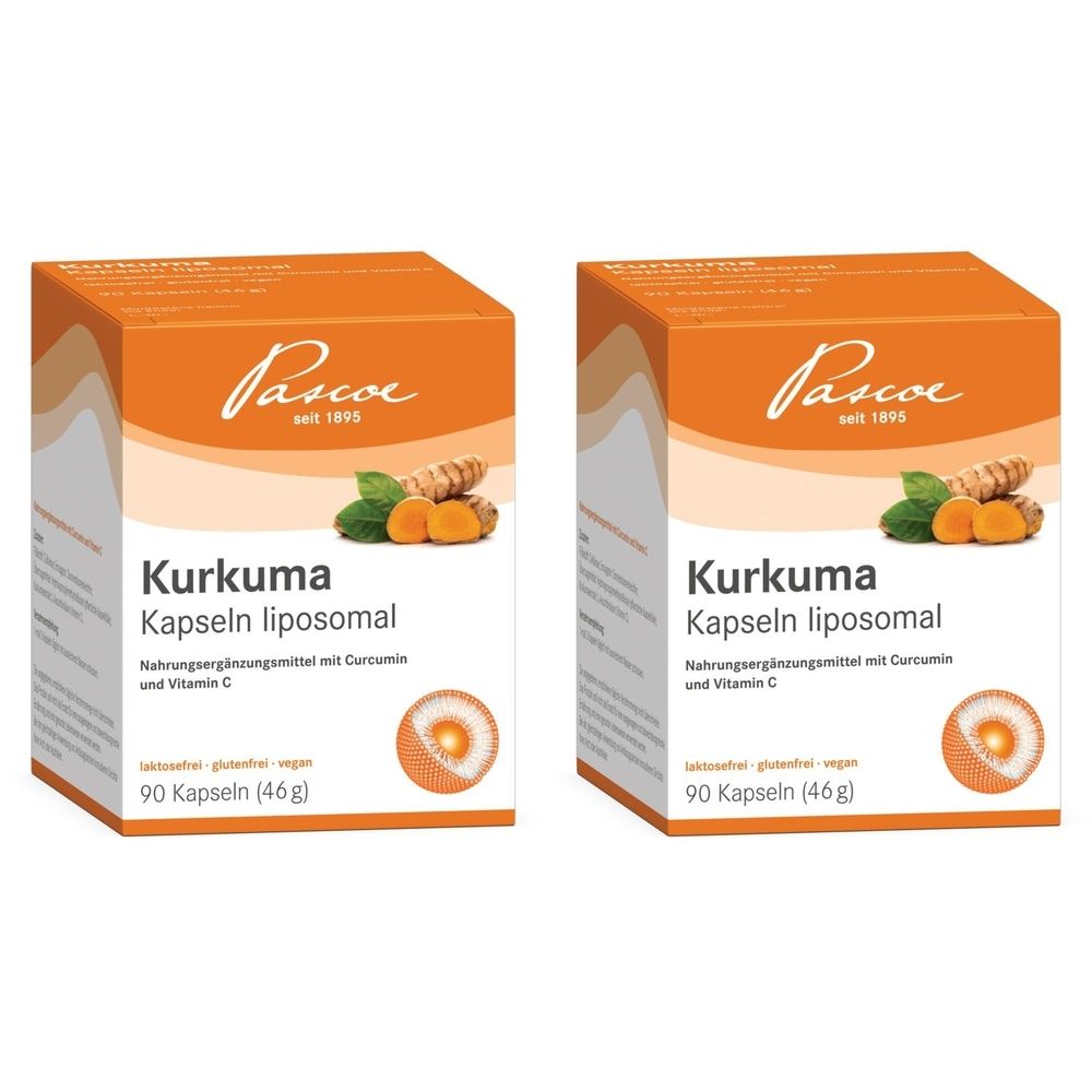 Deux boîtes orange avec le nom du produit « Kurkuma Kapseln liposomal ». Inscriptions : marque, illustration du produit, ingrédients, 90 gélules.