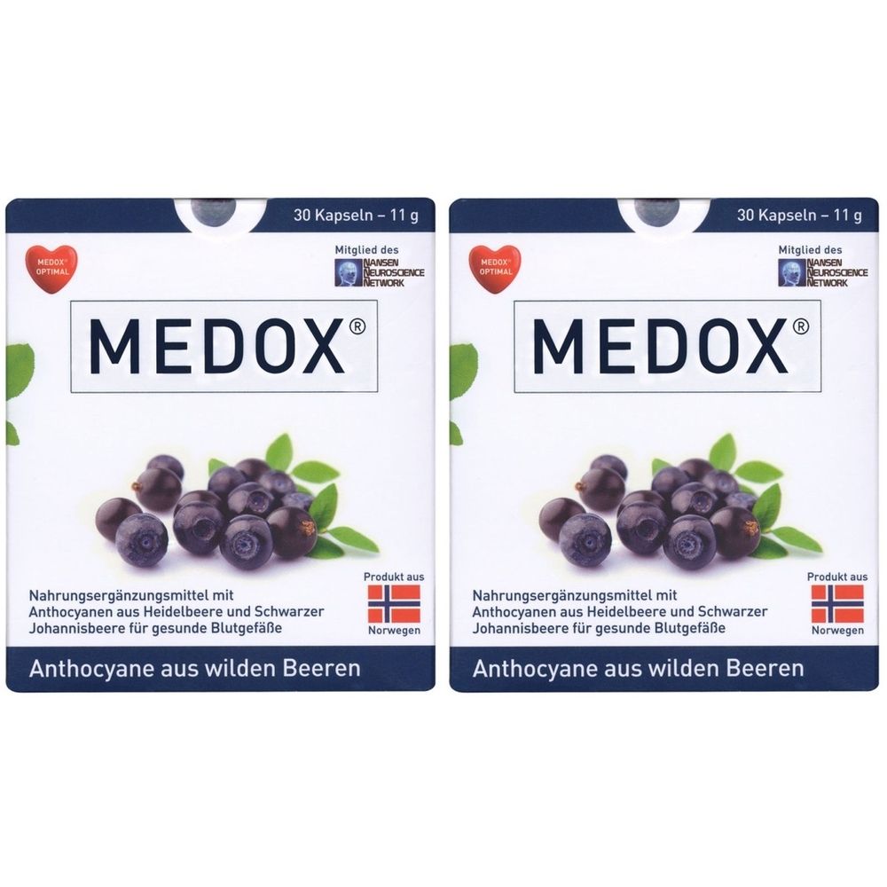 Deux boîtes de MEDOX®. Sur chaque boîte : nom du produit, illustration de myrtilles, texte sur les ingrédients et origine Norvège.