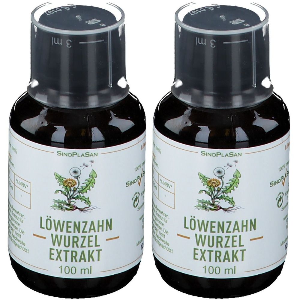 Deux flacons de liquide brun. Les étiquettes indiquent "Löwenzahn Wurzel Extrakt". Les flacons ont des bouchons noirs avec des gobelets doseurs.
