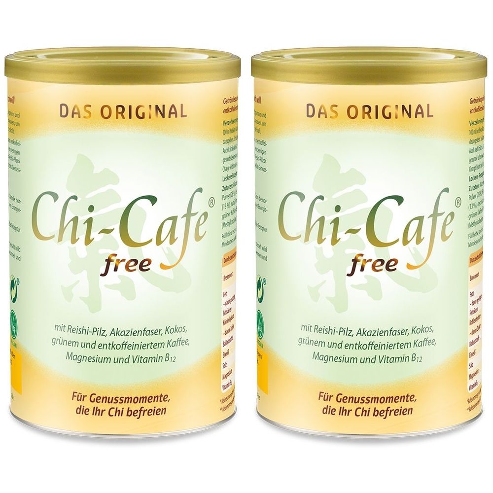 Deux boîtes de Chi-Cafe free. Inscription : « Das Original ». Texte : Reishi, fibre d'acacia, noix de coco, café vert, magnésium, vitamine B12. Pour le plaisir.