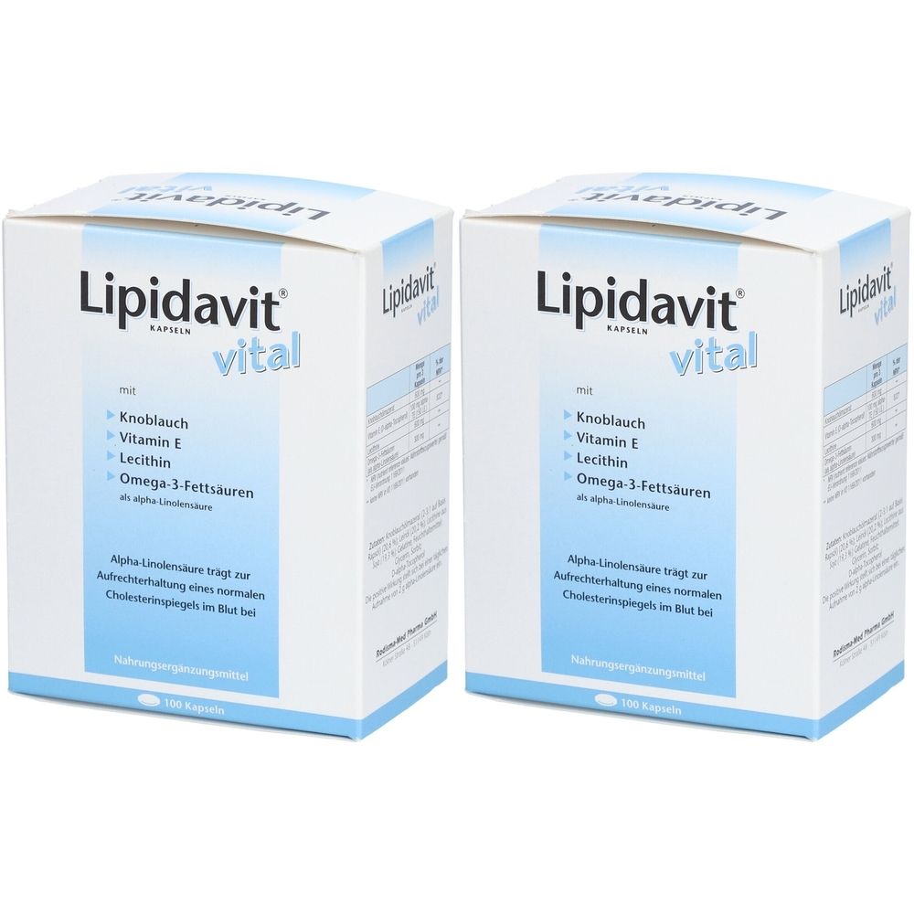 Deux boîtes blanches avec "Lipidavit vital". Ingrédients visibles : ail, vitamine E, lécithine et oméga-3. Capsules.