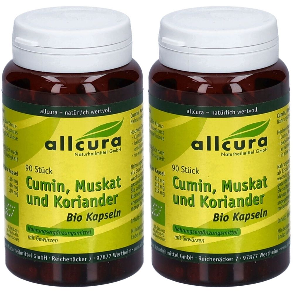 Deux flacons bruns avec des couvercles blancs. Les étiquettes indiquent "allcura Cumin, Muskat und Koriander Bio Kapseln".