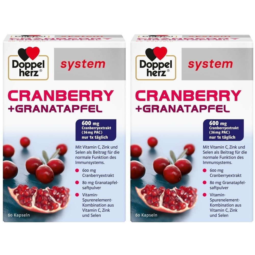 Deux boîtes avec impression du produit. Inscription : CRANBERRY + GRANATAPFEL. Contient de l'extrait de canneberge, de la poudre de jus de grenade et des vitamines.