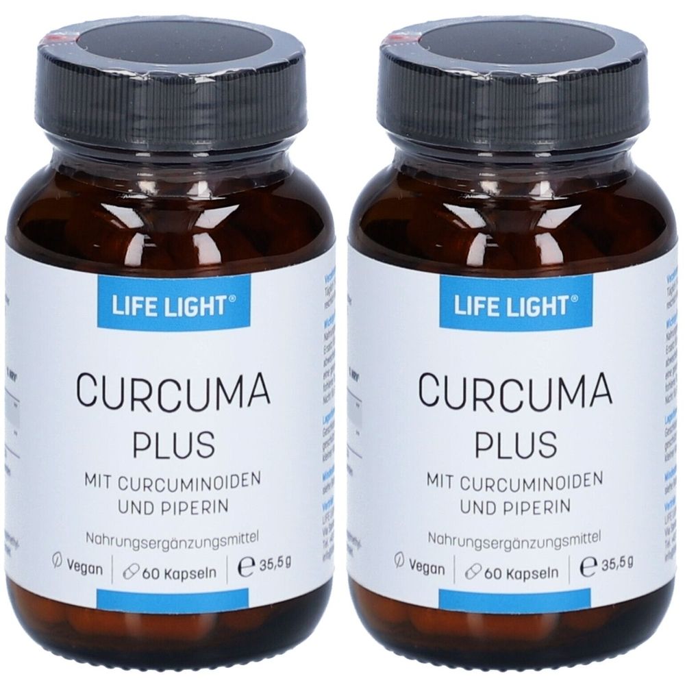 Deux flacons en verre brun avec des couvercles noirs. Les étiquettes indiquent "LIFE LIGHT", "CURCUMA PLUS" et d'autres informations.