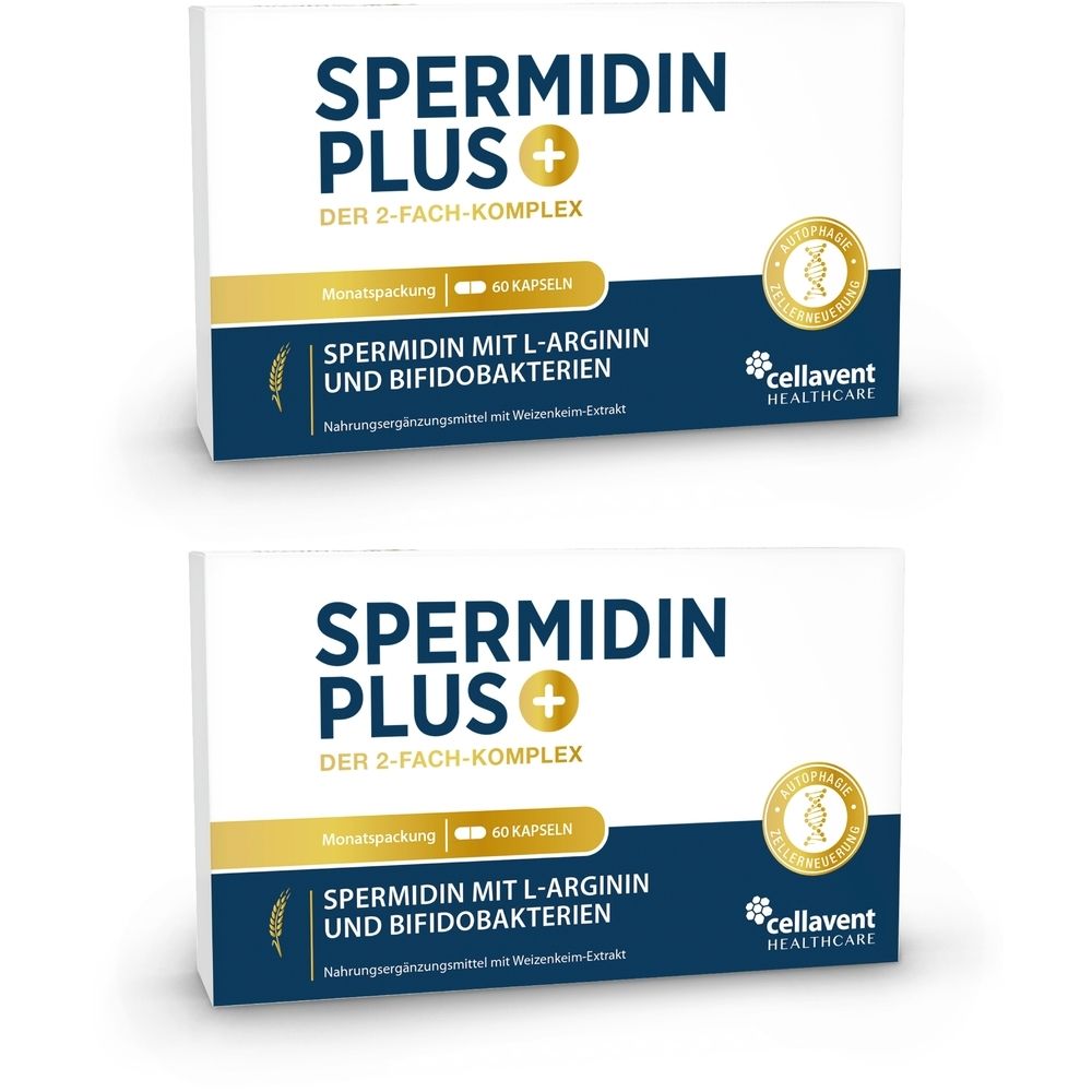 Zwei weiße Schachteln mit „Spermidin Plus“-Logo. Text: „Monatspackung 60 Kapseln“. Logo „cellavent healthcare“.
