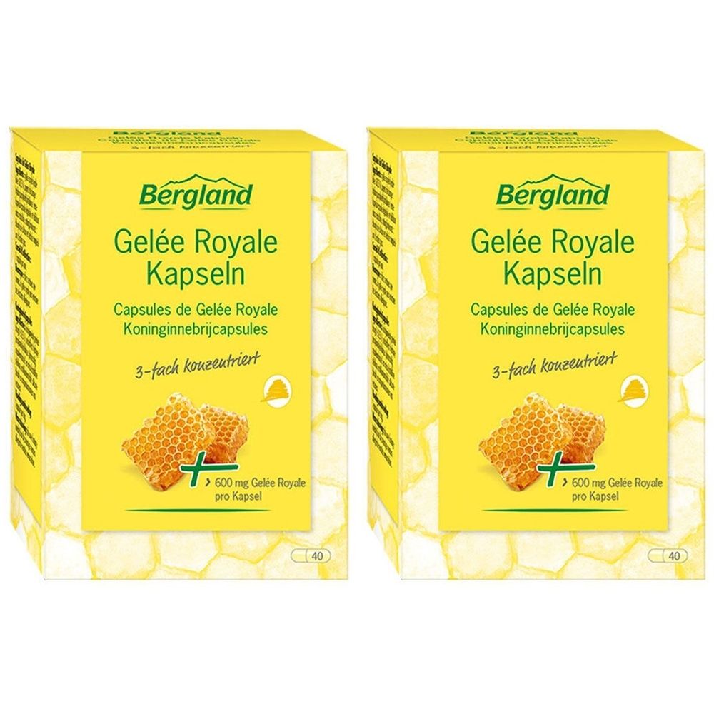 Deux boîtes jaunes avec impression du produit. Inscription : Bergland Gelée Royale Kapseln. Illustration de rayons de miel. Concentré 3 fois.