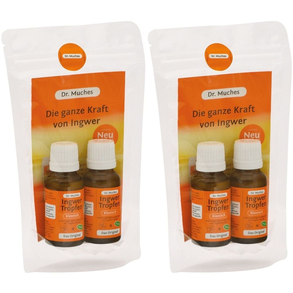 Deux flacons de gouttes de gingembre dans un emballage. Inscription : Dr. Muches, Ingwer Tropfen. Fond orange avec texte.