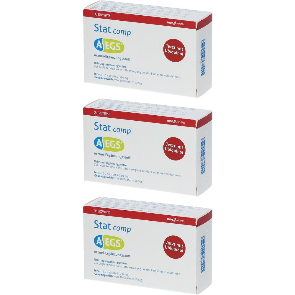Trois boîtes blanches avec texte rouge et bleu. Inscription: Stat comp, AEGS, Jetzt mit Ubiquinol. Médicament.