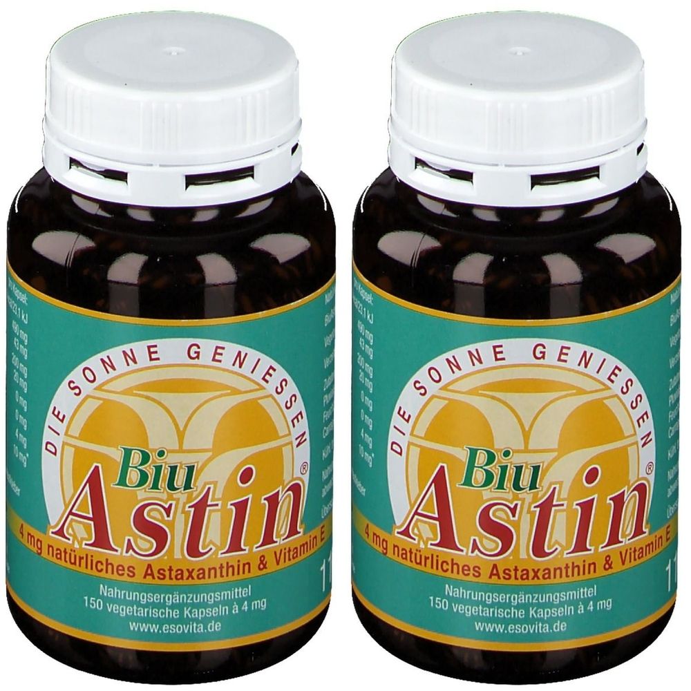 Deux flacons de gélules BiuAstin. Flacons bruns avec bouchons blancs et étiquettes vertes. Inscription : BiuAstin, 4 mg d'astaxanthine naturelle et vitamine E.