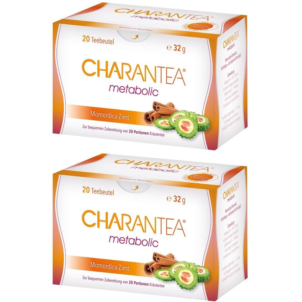 Deux boîtes de thé CHARANTEA metabolic. Inscription : 20 sachets, Momordica-Zimt, 32g. Illustration de bâtons de cannelle et de Momordica.