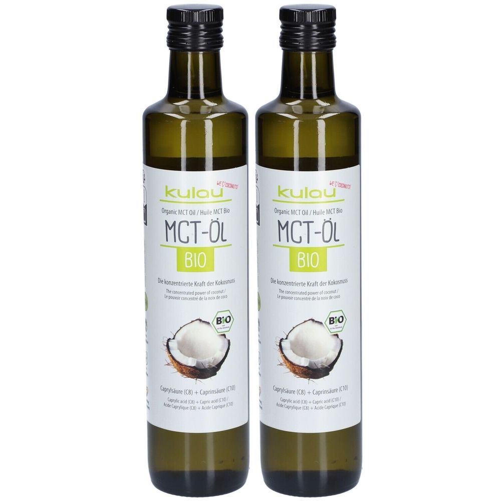 Deux bouteilles en verre avec bouchons noirs. Les étiquettes indiquent "MCT-Öl BIO" et "kulau". Un motif de noix de coco est visible.