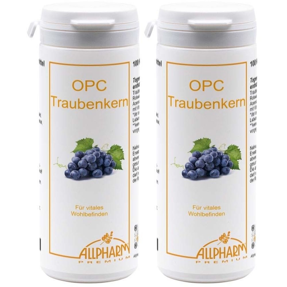 Deux flacons blancs avec couvercles. Inscription: OPC Traubenkern. Illustration de raisins. Marque: ALLPHARM.