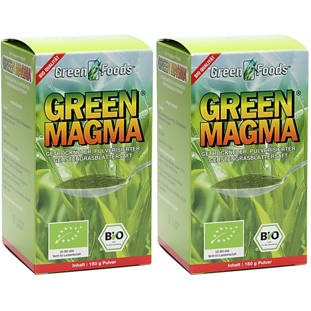 Deux boîtes vertes de poudre "Green Magma". Inscription "Bio Qualität". Logo "Green Foods". Contient 150 g de poudre.