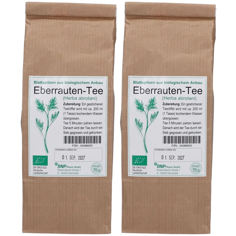 Deux sachets de thé à l'armoise. Inscription : pointes de feuilles issues de l'agriculture biologique. Avec label bio. DDM : 01. SEP. 2027. Contenu : 75g.