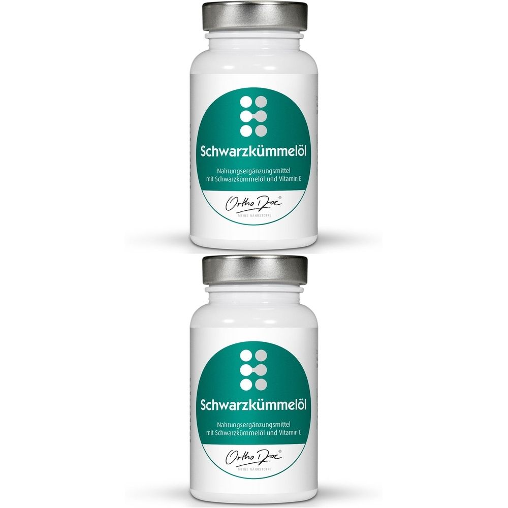 Zwei weiße Flaschen mit silbernen Deckeln. Auf jeder Flasche befindet sich ein grünes Etikett mit der Aufschrift "Schwarzkümmelöl".