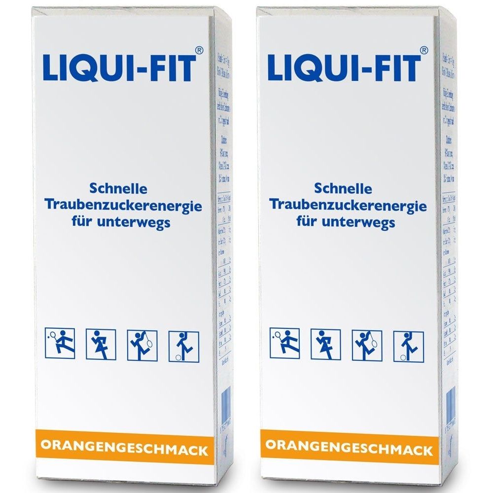 Deux boîtes blanches avec logo LIQUI-FIT et texte. Inscription : Énergie rapide au glucose pour les déplacements. Goût orange. Pictogrammes sportifs.