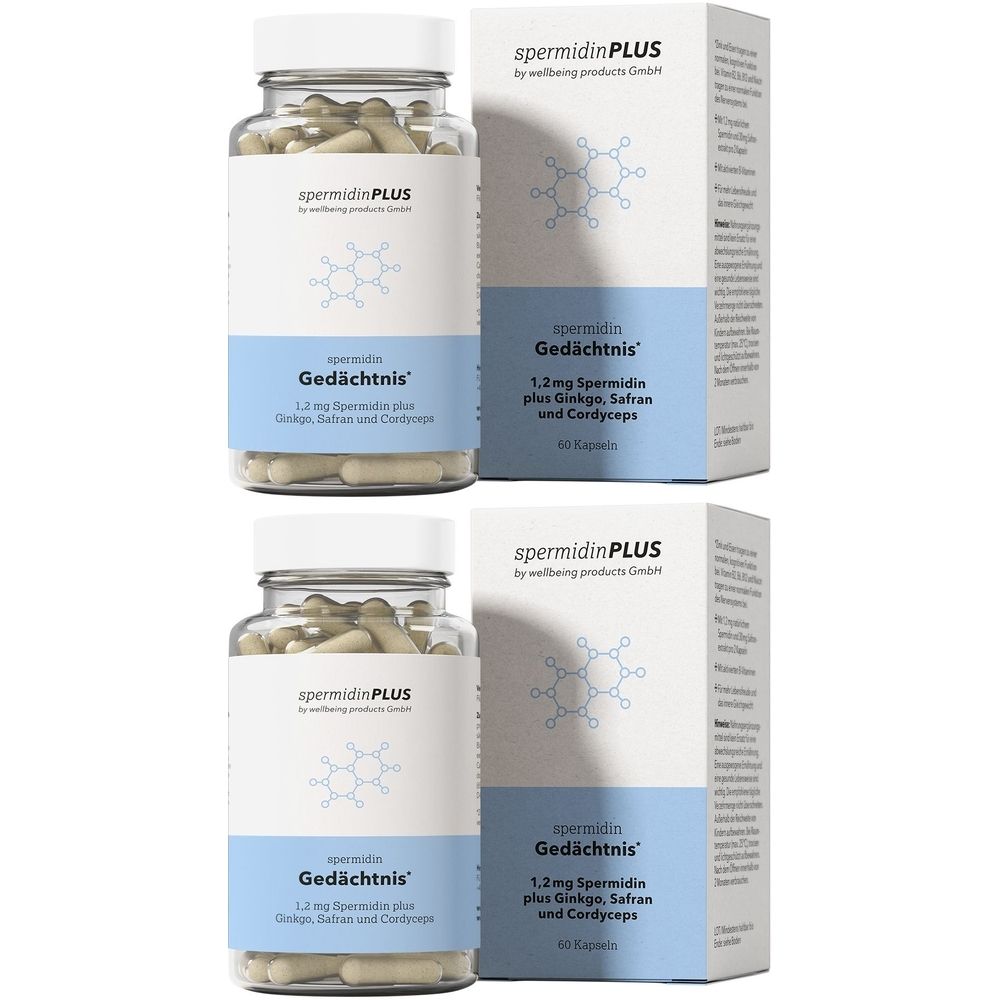 Zwei Glasflaschen und zwei Kartons mit Kapseln. Aufschrift: spermidinPLUS Gedächtnis. Enthält 1,2 mg Spermidin plus Ginkgo, Safran und Cordyceps.