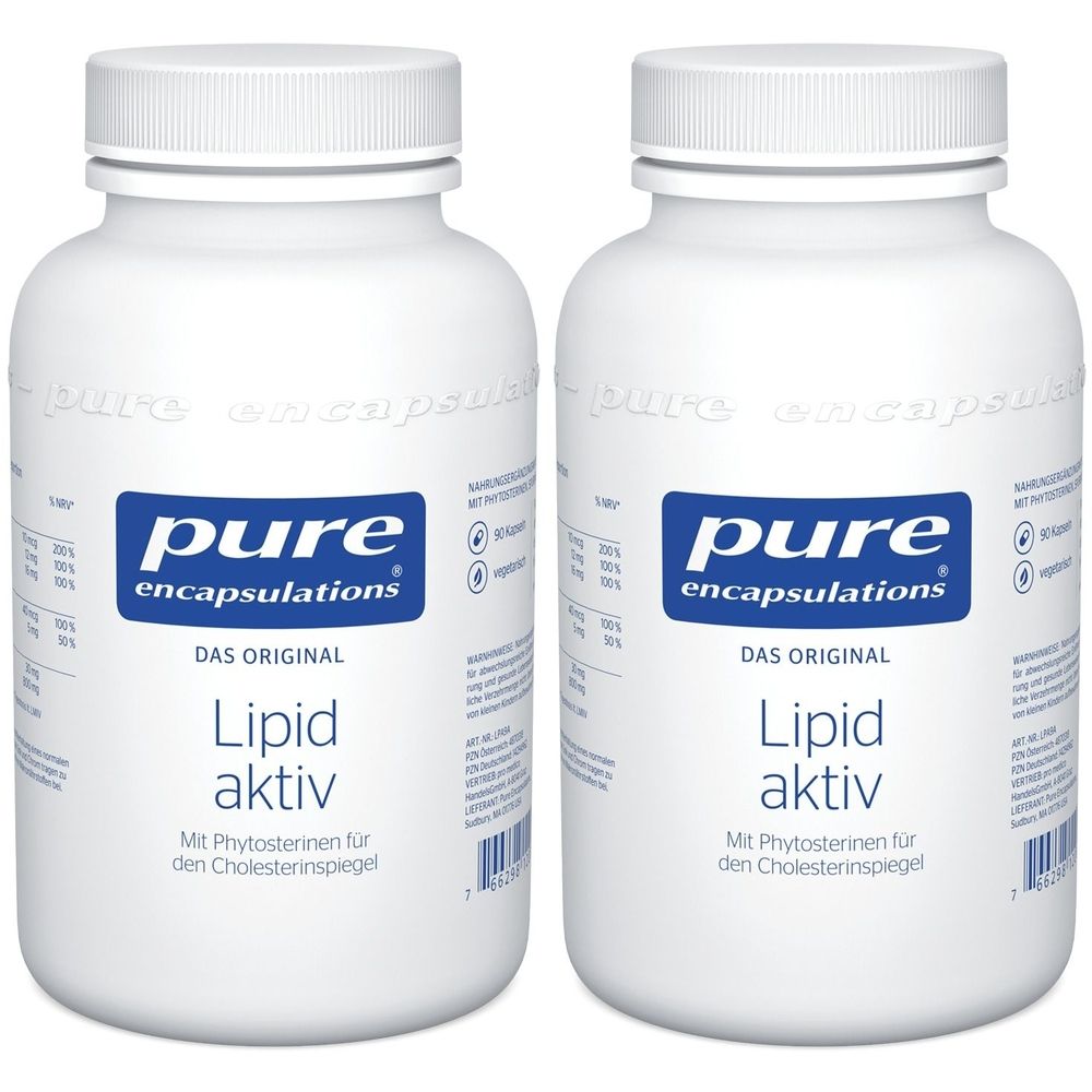 Zwei weiße Flaschen mit Etiketten. Aufschrift: "pure encapsulations", "Lipid aktiv".