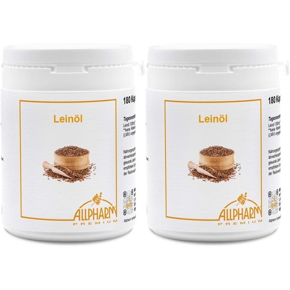 Deux boîtes blanches avec bouchon à vis. Chaque boîte porte l'inscription "Leinöl" et le logo Allpharm Premium. Illustration de graines de lin.