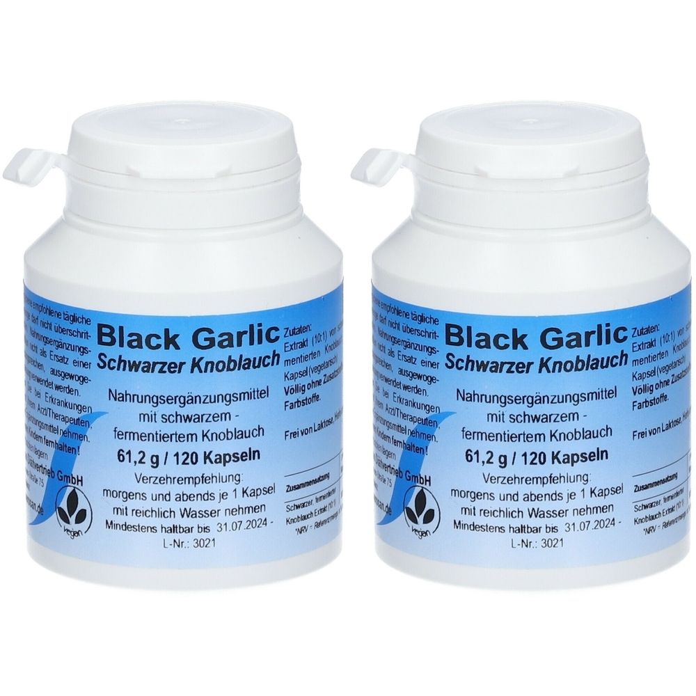 Deux flacons blancs avec étiquette bleue. Inscription: Black Garlic Schwarzer Knoblauch. Complément alimentaire.