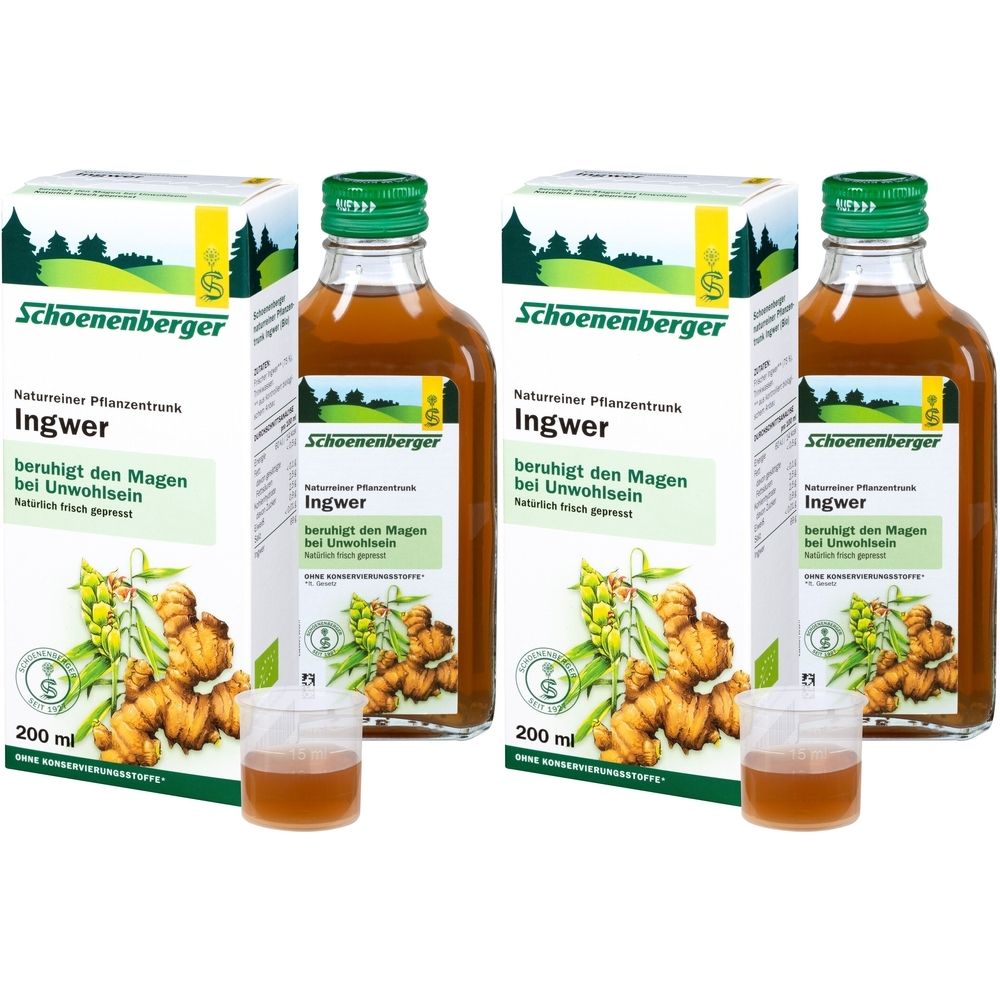 Plusieurs bouteilles et boîtes de boisson végétale au gingembre. Inscription : Schoenenberger, Ingwer, apaise l'estomac en cas de malaise. Avec gobelets doseurs.